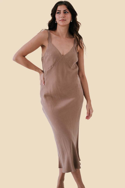 Lucy Paris Karine Coffee Soft Suede Slip Midi Dress (S)