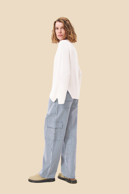 FRNCH Polette Blue Striped Straight Cotton Pants