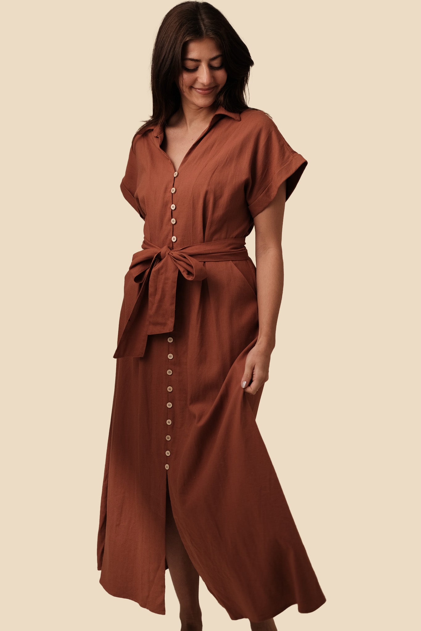 Miou Muse Clara Toffee Linen Button Belted Shirt Midi Dress