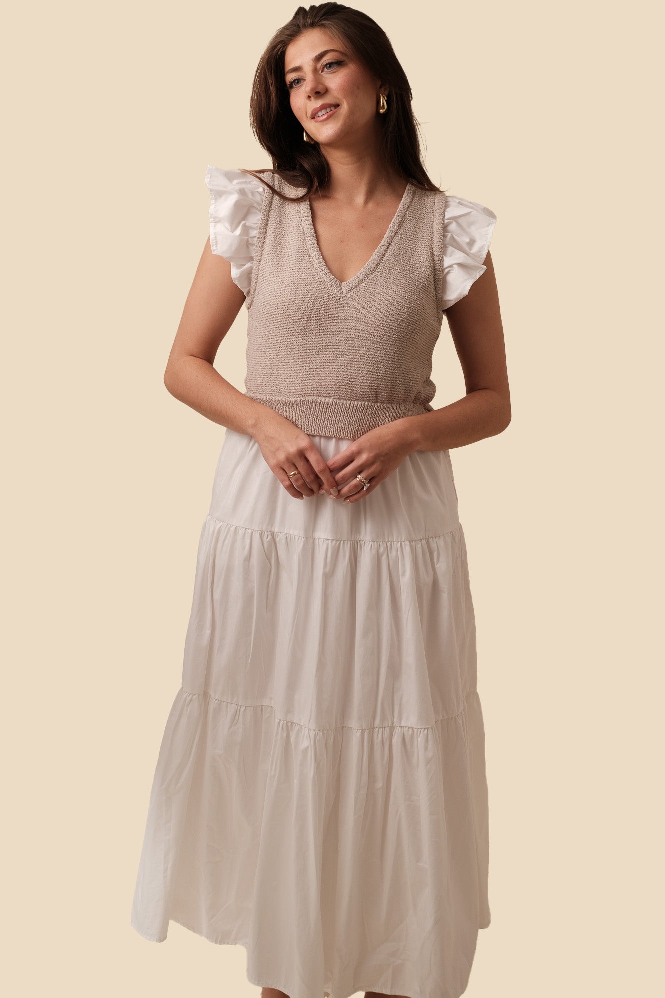 Sofie the Label Clover Flutter Sleeve Midi Dress (White)
