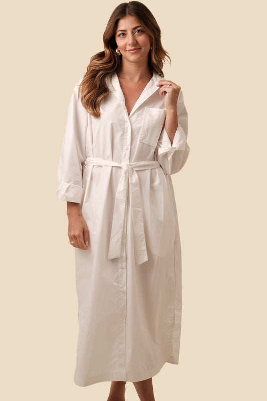 FRNCH Cindel White Cotton Buttoned T-Shirt Midi Dress