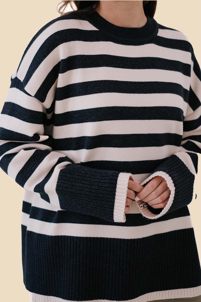 Leona Navy Striped Ribbed Hem Sweater