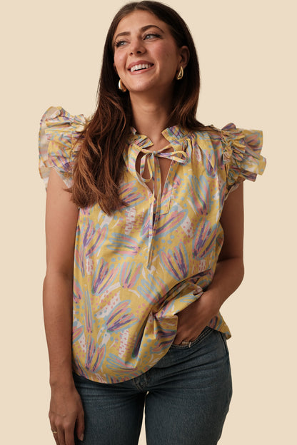 PINCH Hope Yellow Abstract Flutter Sleeve Top