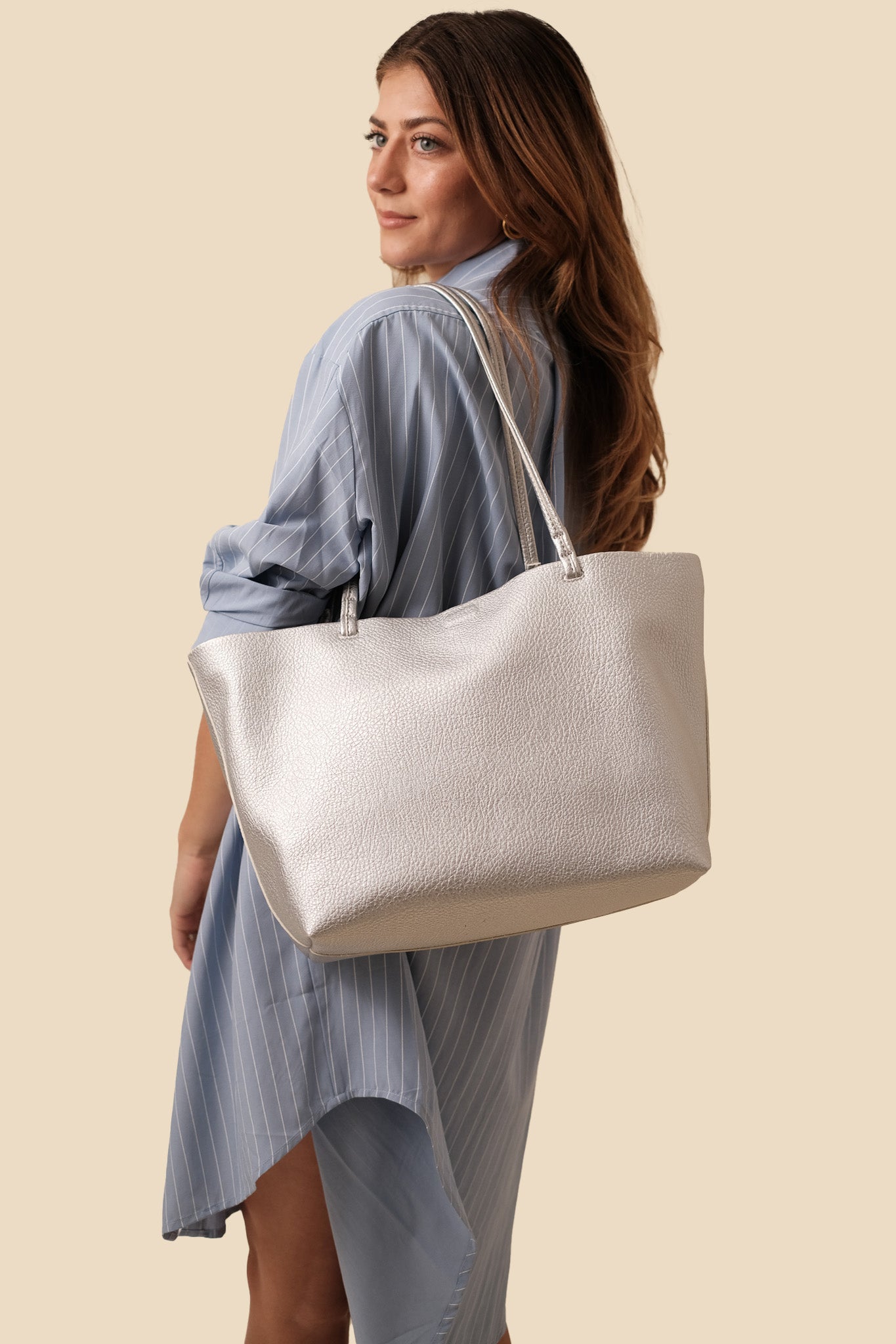 Metallic Silver Minimalist Tote Bag