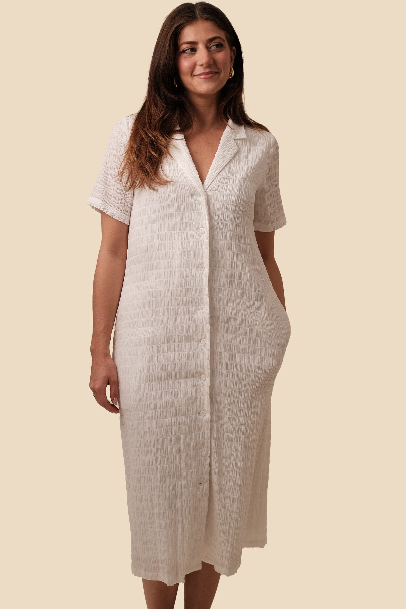 FRNCH Coline Woven Crinkled Collar Shirt Midi Dress (White)
