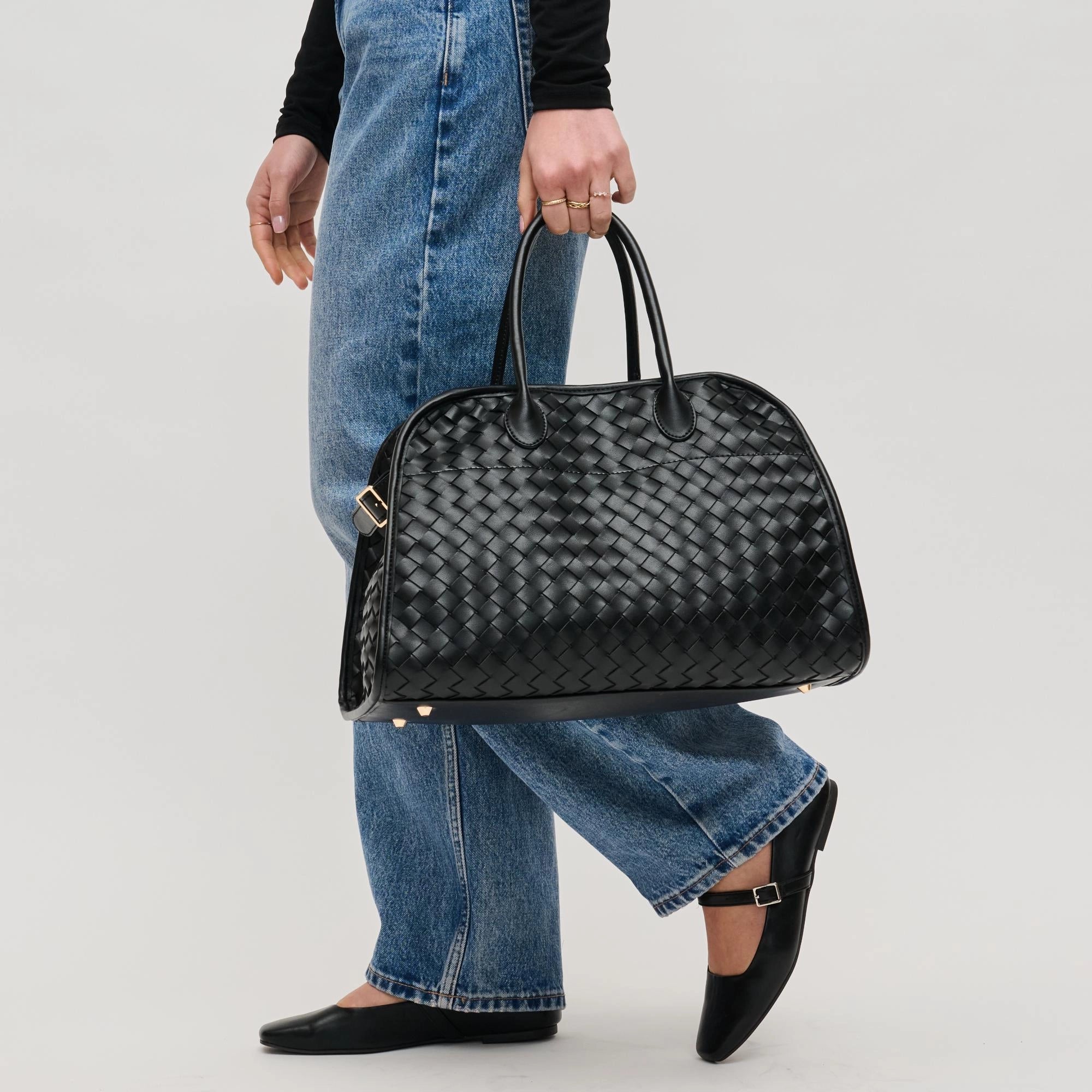 Rhonda Black Woven Basketweave Top Handle Tote