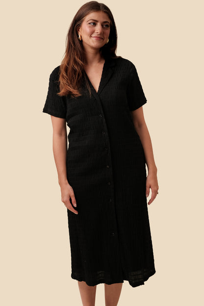 FRNCH Coline Woven Crinkled Collar Shirt Midi Dress (Black)