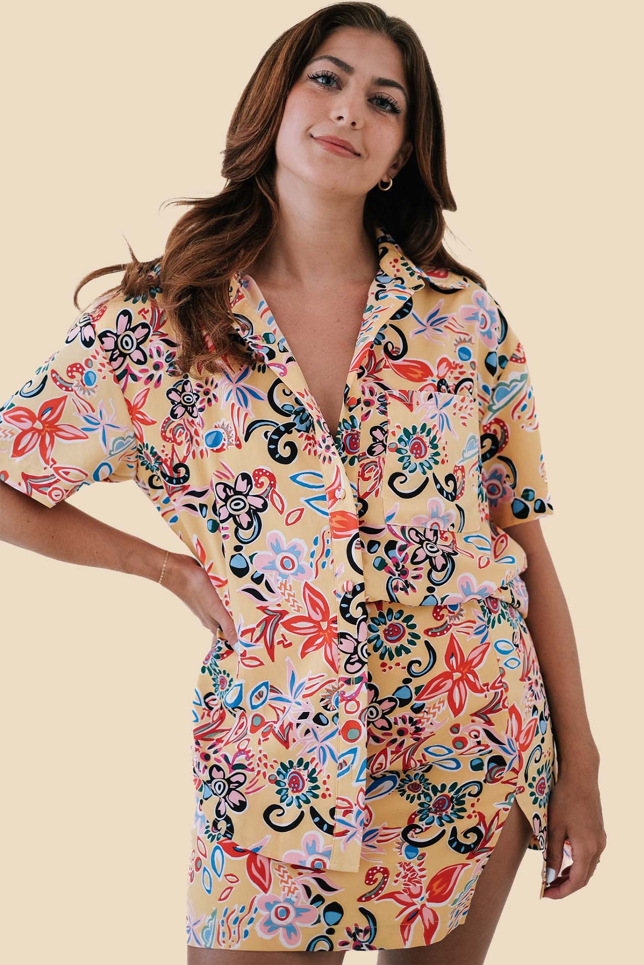 Frankie Yellow Resort Print Oversized Button Shirt (S)