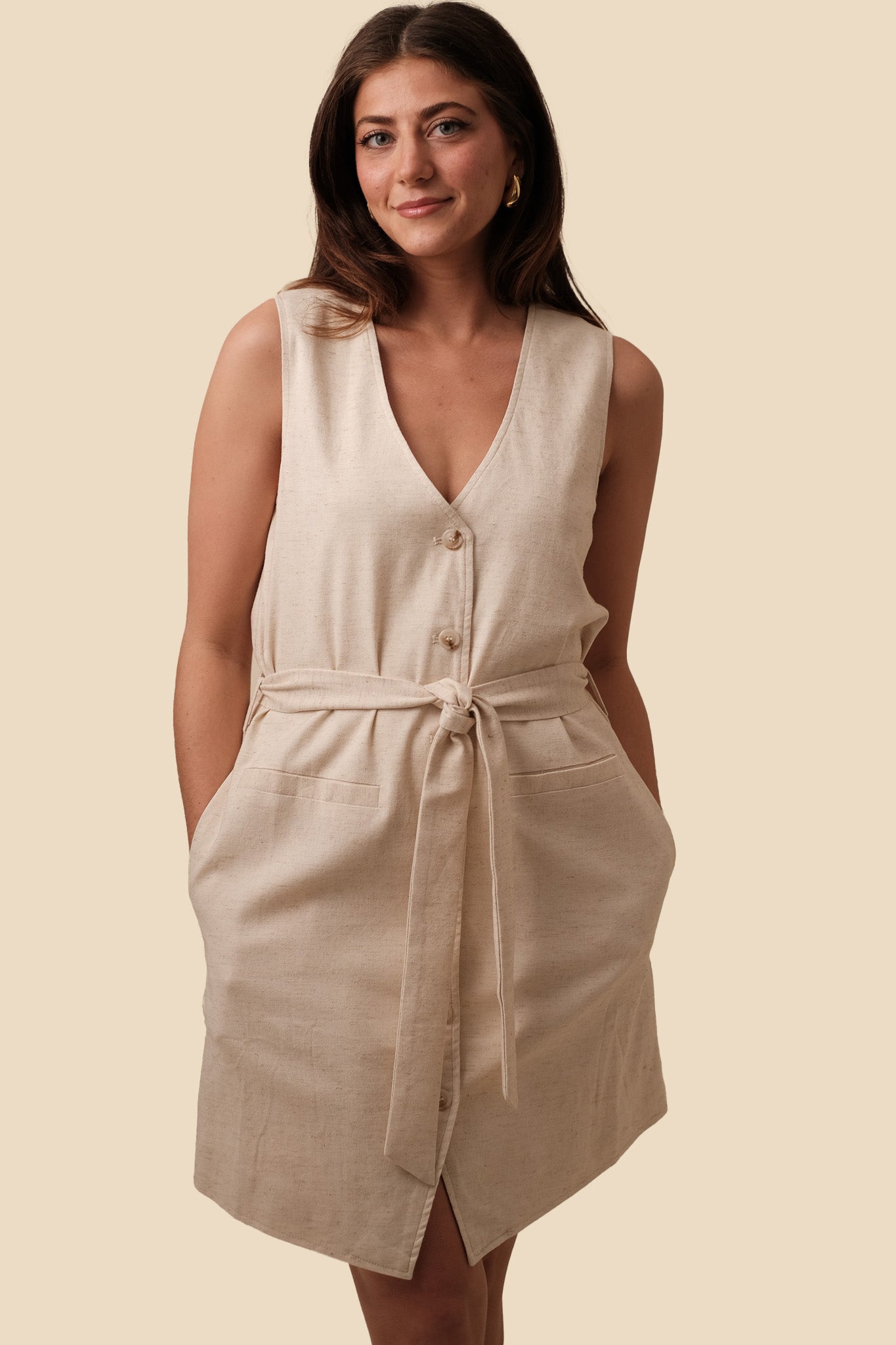 FRNCH Cicilia Linen Buttoned Sleeveless Mini Dress