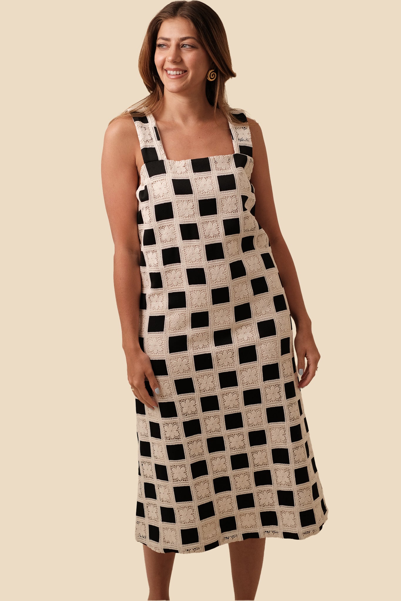 Aureum Mia Crochet Checkered Tank Midi Dress (Black) M