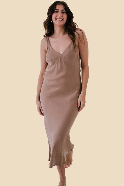 Lucy Paris Karine Coffee Soft Suede Slip Midi Dress (S)