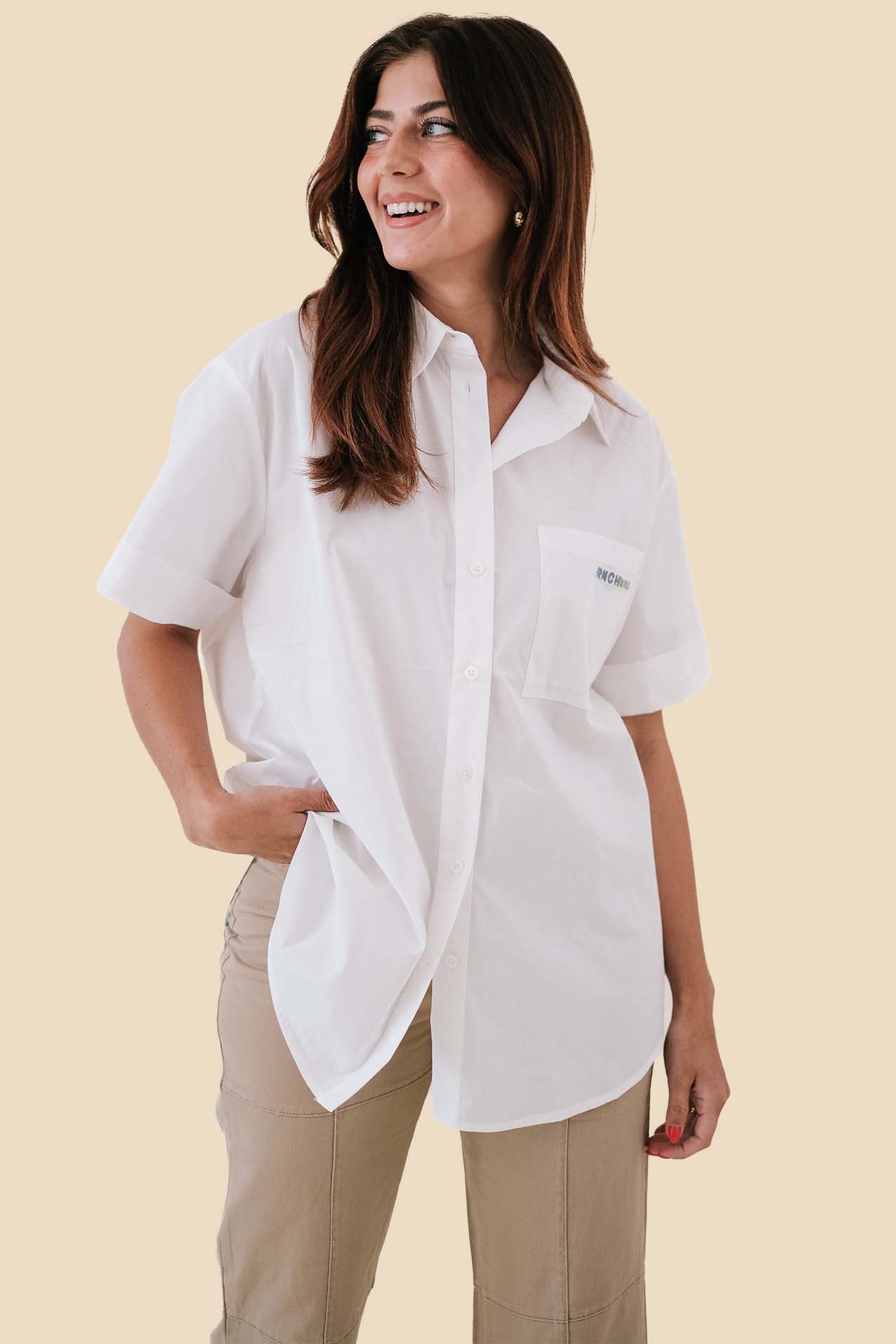 FRNCH Ania White Embroidered Pocket Collared Top