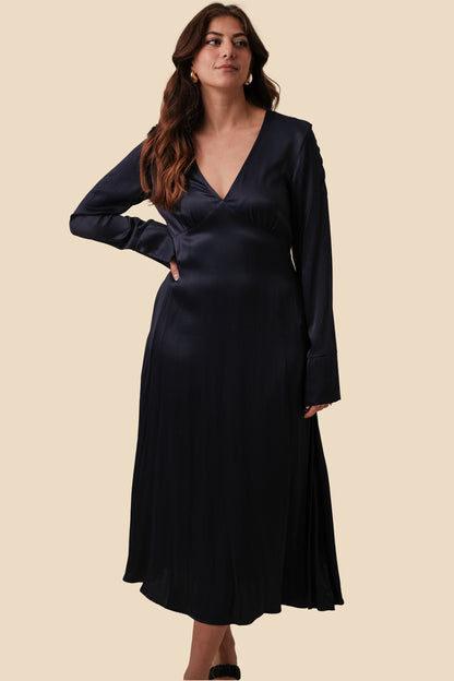 FRNCH Lisna Navy Sheen Long Sleeve Midi Dress