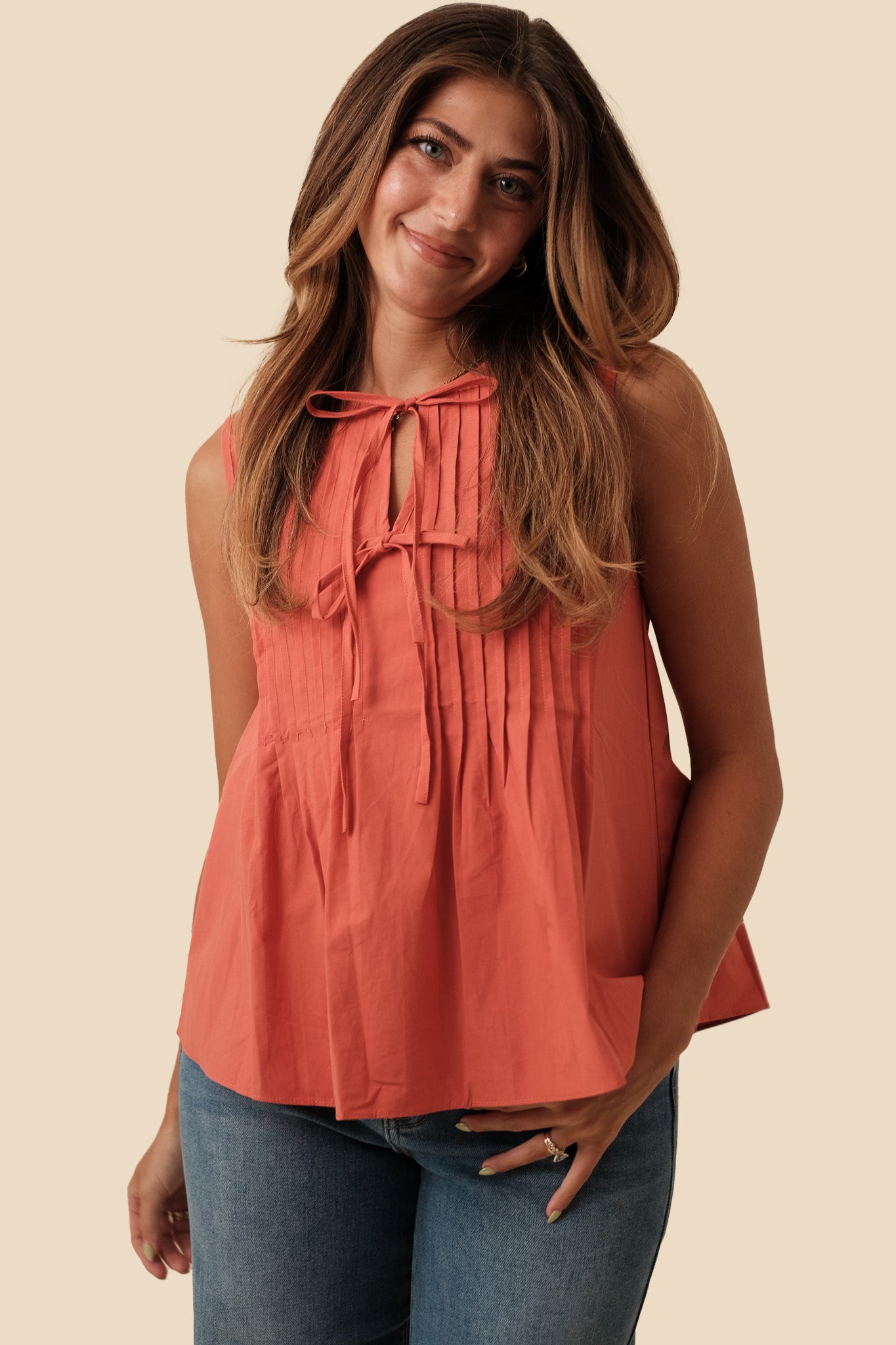 Charlotte Pintuck Poplin Cotton Sleeveless Top (Rust)