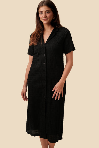 FRNCH Coline Woven Crinkled Collar Shirt Midi Dress (Black)