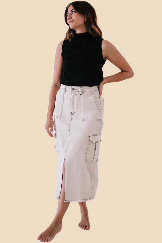 Miou Muse Jaz Cream Contrast Stich Denim Cargo Midi Skirt