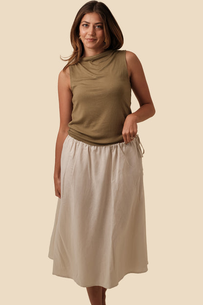 Agnes Cream Linen Drawstring Midi Skirt