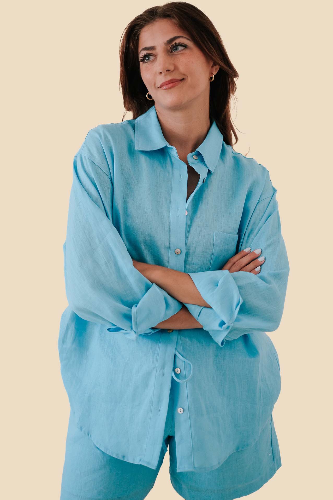 Lucy Paris Toni Oversized Long Sleeve Button Top (Blue)