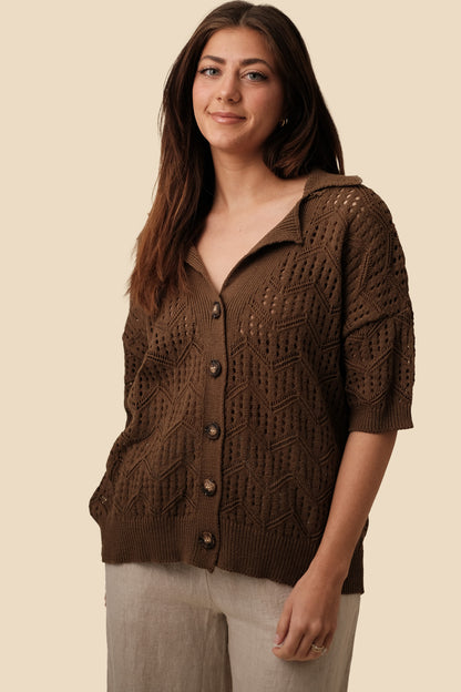 Needii Gianna Short Sleeve Crocheted Button Shirt (Moss)