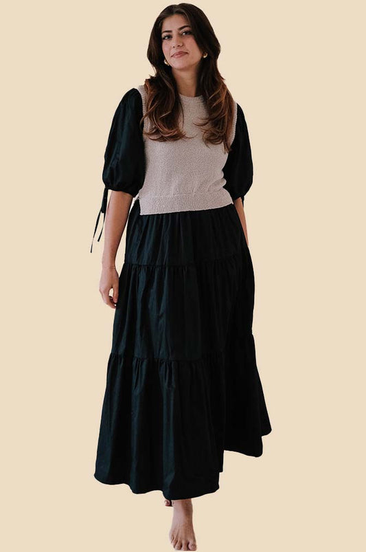 Sofie the Label Valencia Mixed Knit Tiered Maxi Dress (Black) L
