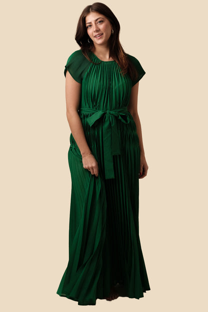 Current Air Darlene Green Pleated Tie Waist Maxi Dress