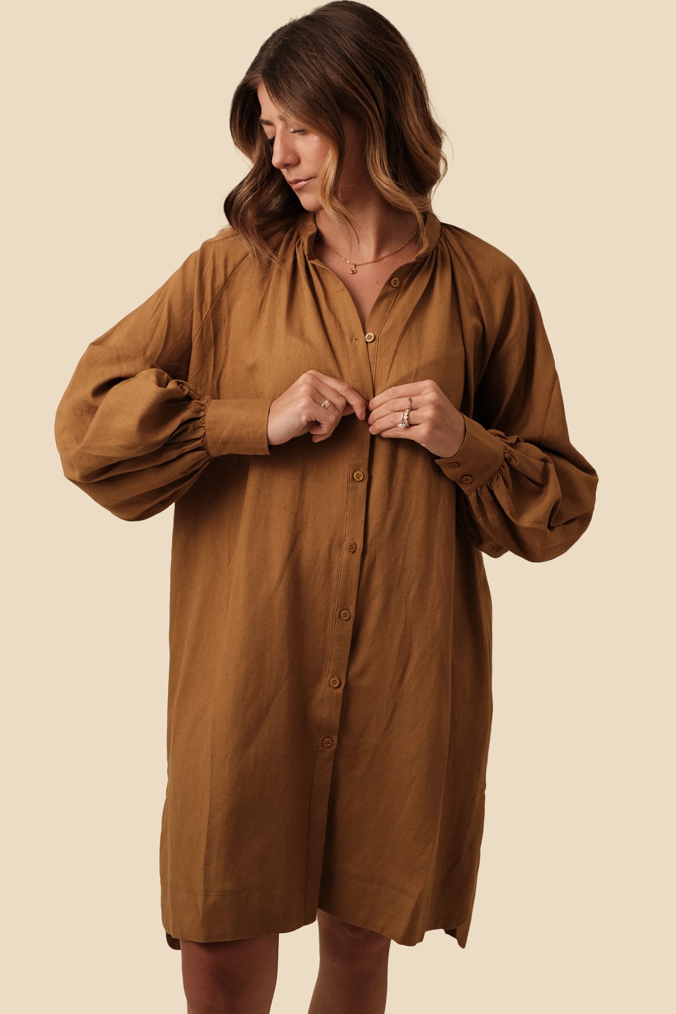 FRNCH Carene Linen Buttoned Mini Dress (Brown) S
