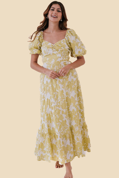 Ashton Floral Extravaganza Puff Sleeve Maxi Dress (Yellow)