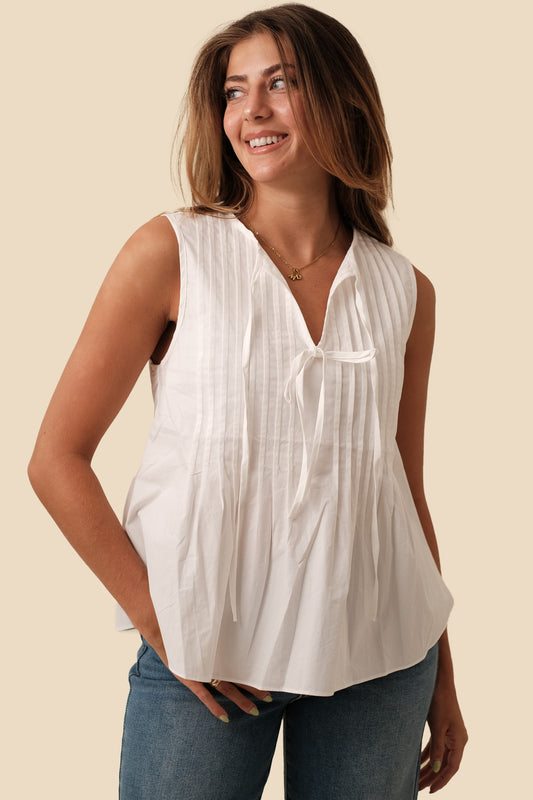 Charlotte Pintuck Poplin Cotton Sleeveless Top (White)
