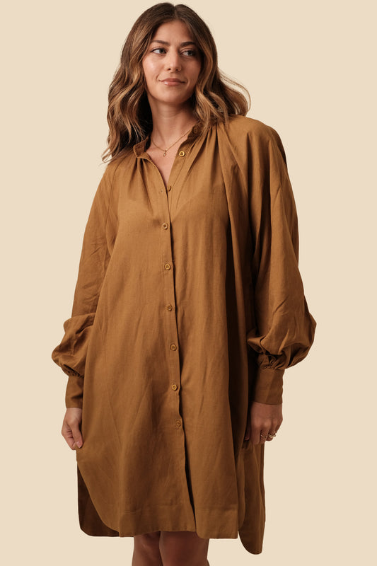 FRNCH Carene Linen Buttoned Mini Dress (Brown)