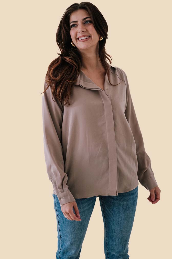 Venus Taupe Sheen Long Sleeve Buttoned Shirt