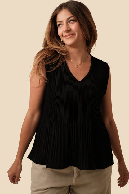 Nina Black Pleated Peplum Sleeveless Top