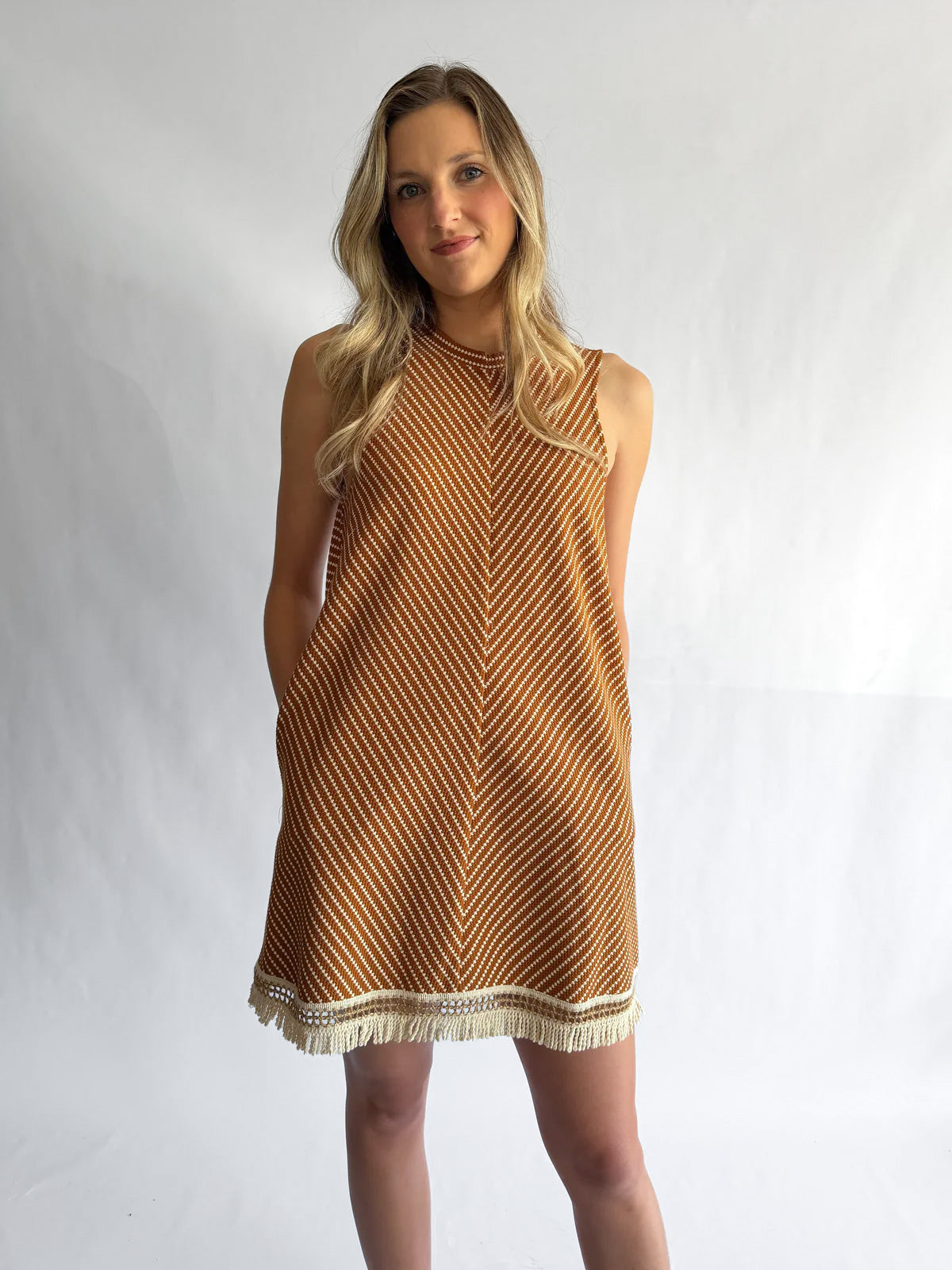 Maeve Rust Geometric Fringe Tank Mini Dress