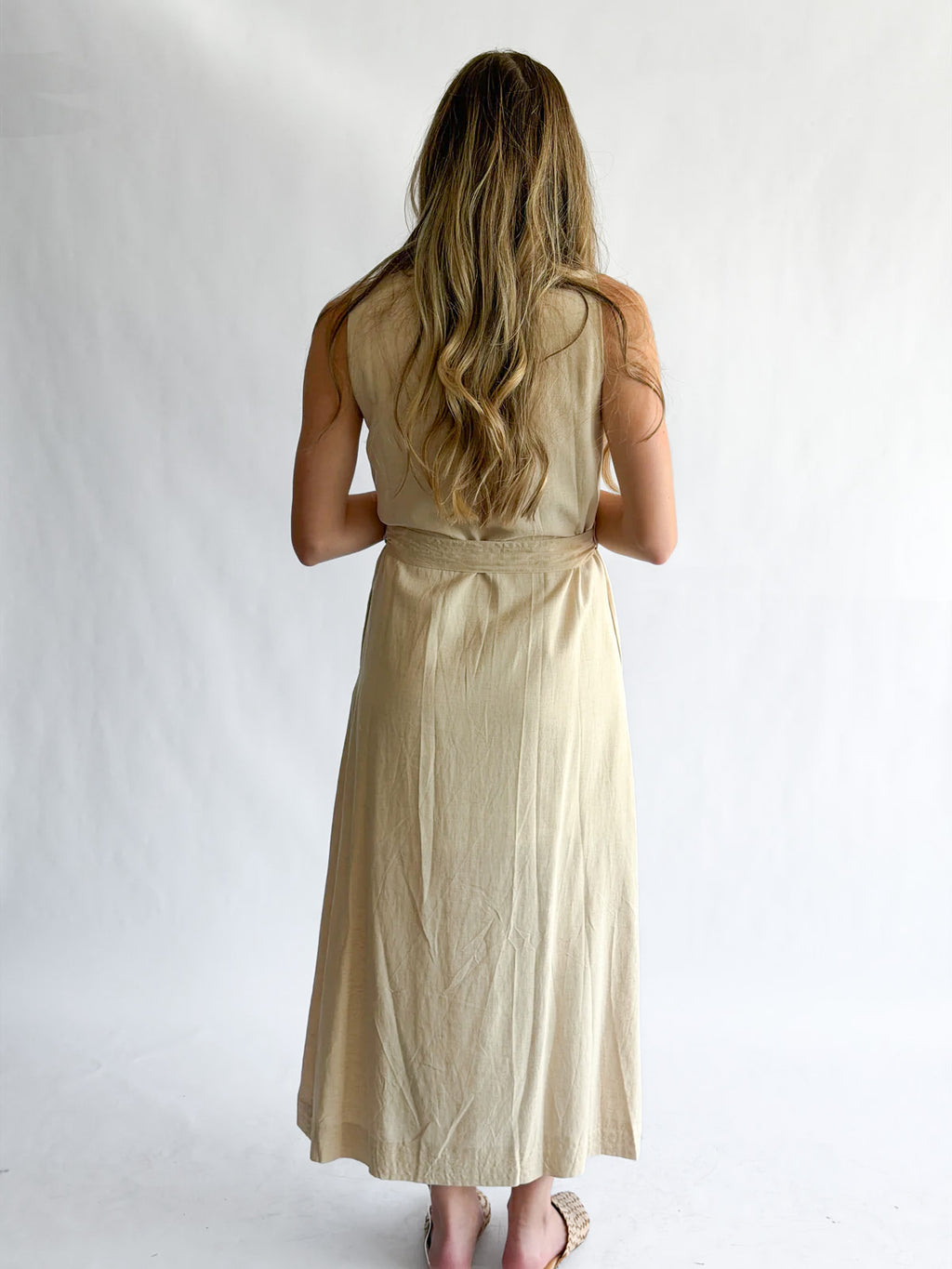 PINCH Melanie Oatmeal Linen Collared Tie Waist Maxi Dress
