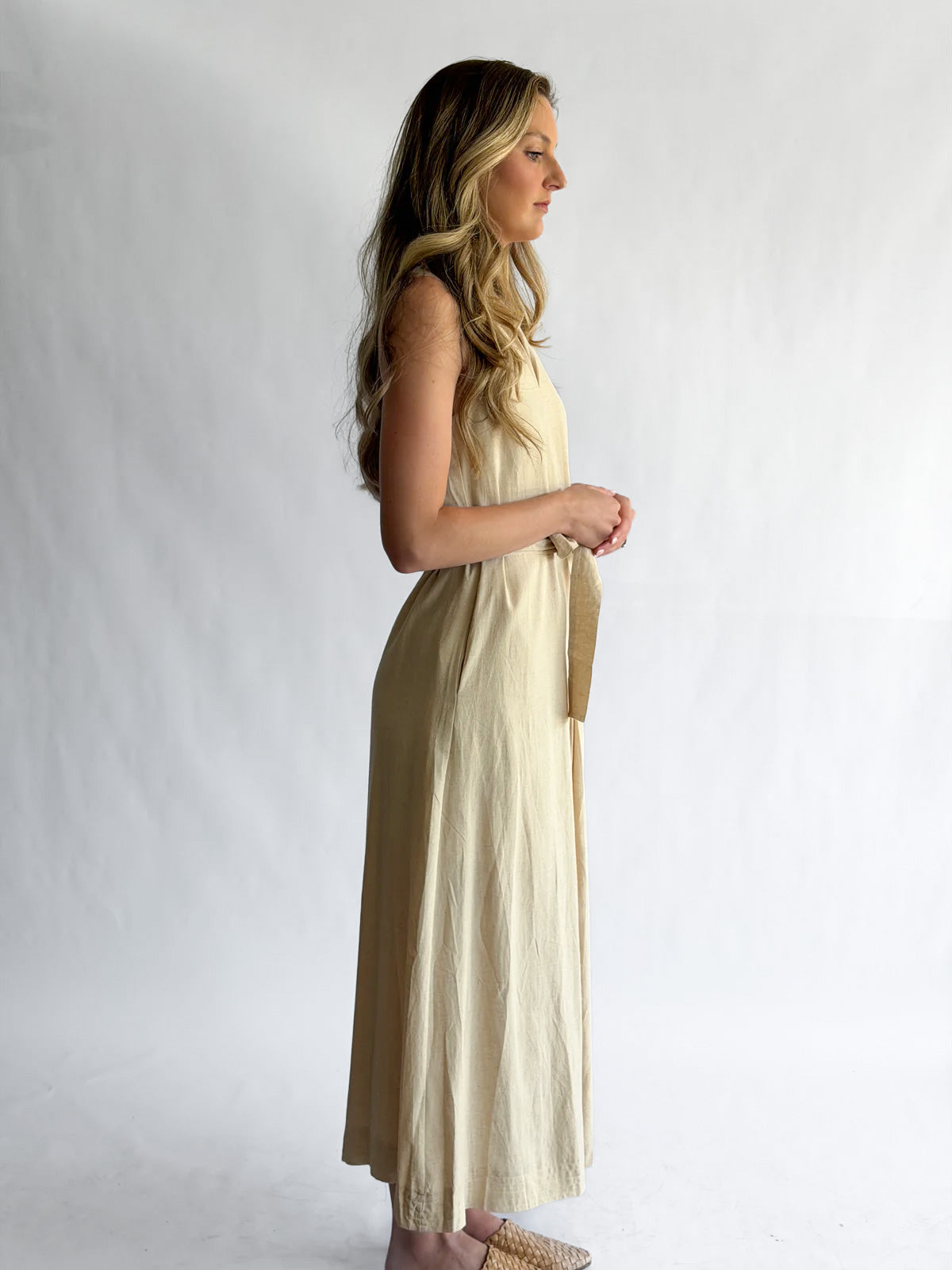 PINCH Melanie Oatmeal Linen Collared Tie Waist Maxi Dress