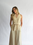 PINCH Melanie Oatmeal Linen Collared Tie Waist Maxi Dress
