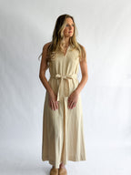 PINCH Melanie Oatmeal Linen Collared Tie Waist Maxi Dress