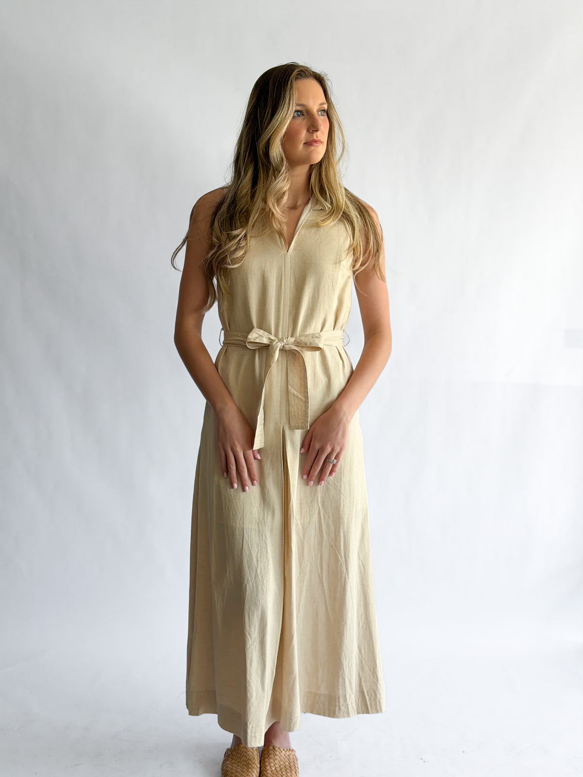 PINCH Melanie Oatmeal Linen Collared Tie Waist Maxi Dress