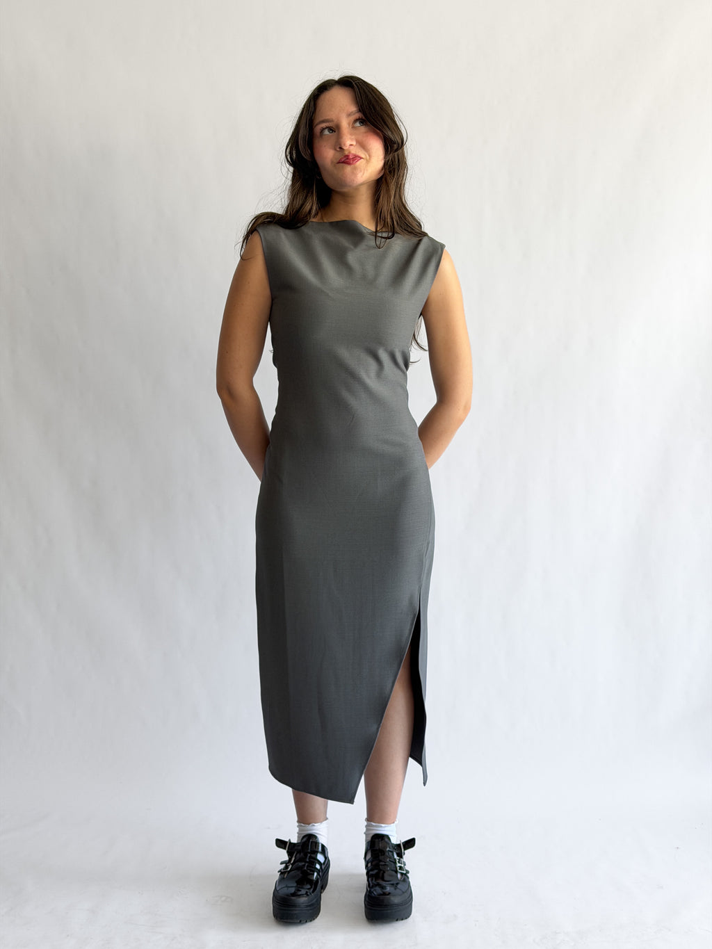Nina Grey Tank Fitted Side Slit Midi Dress
