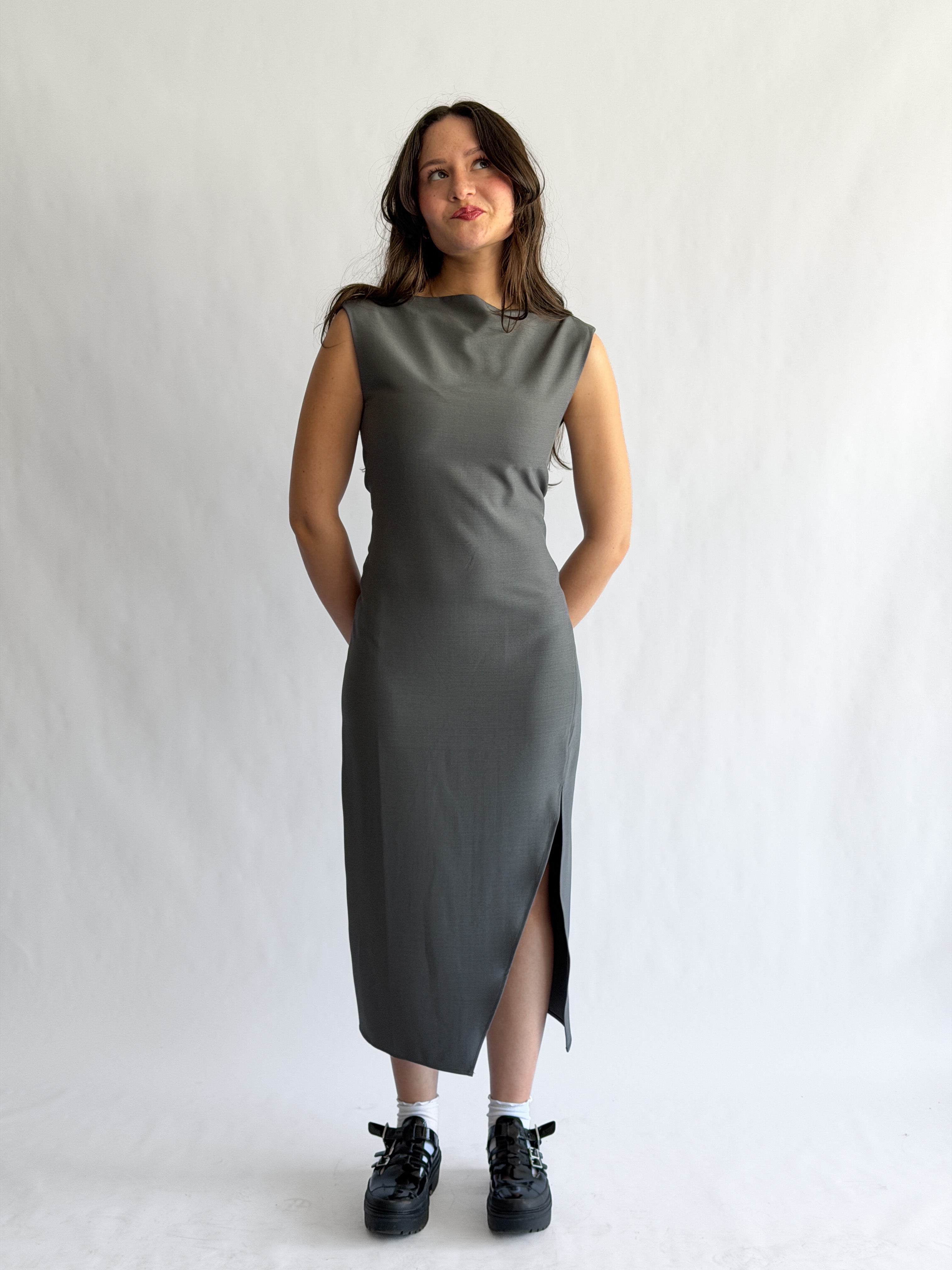 Nina Grey Tank Fitted Side Slit Midi Dress