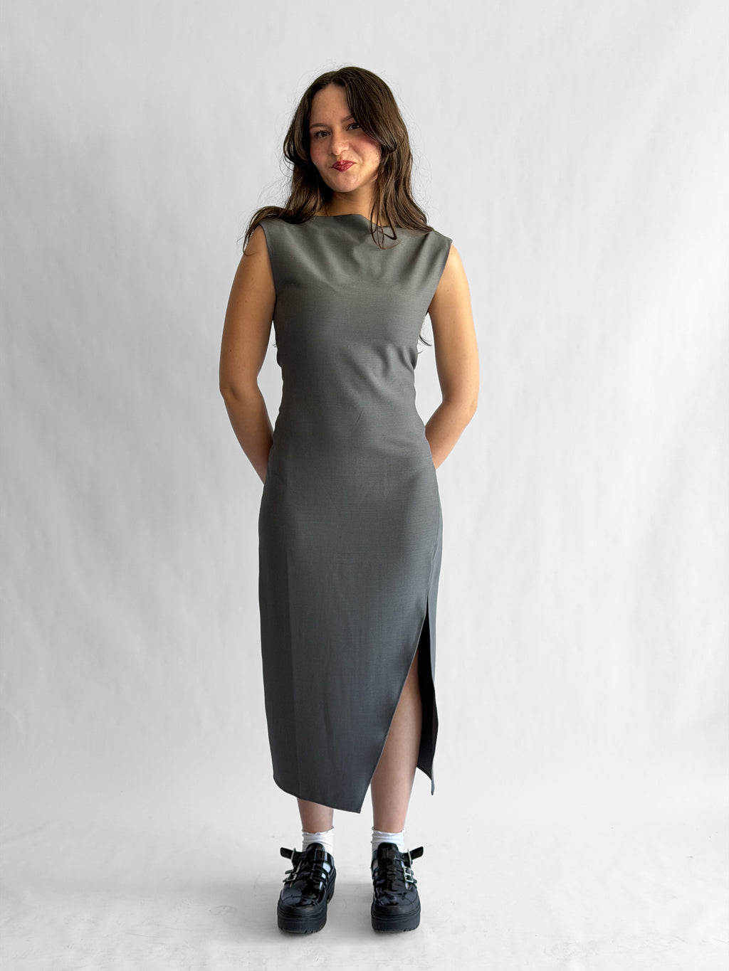 Nina Grey Tank Fitted Side Slit Midi Dress