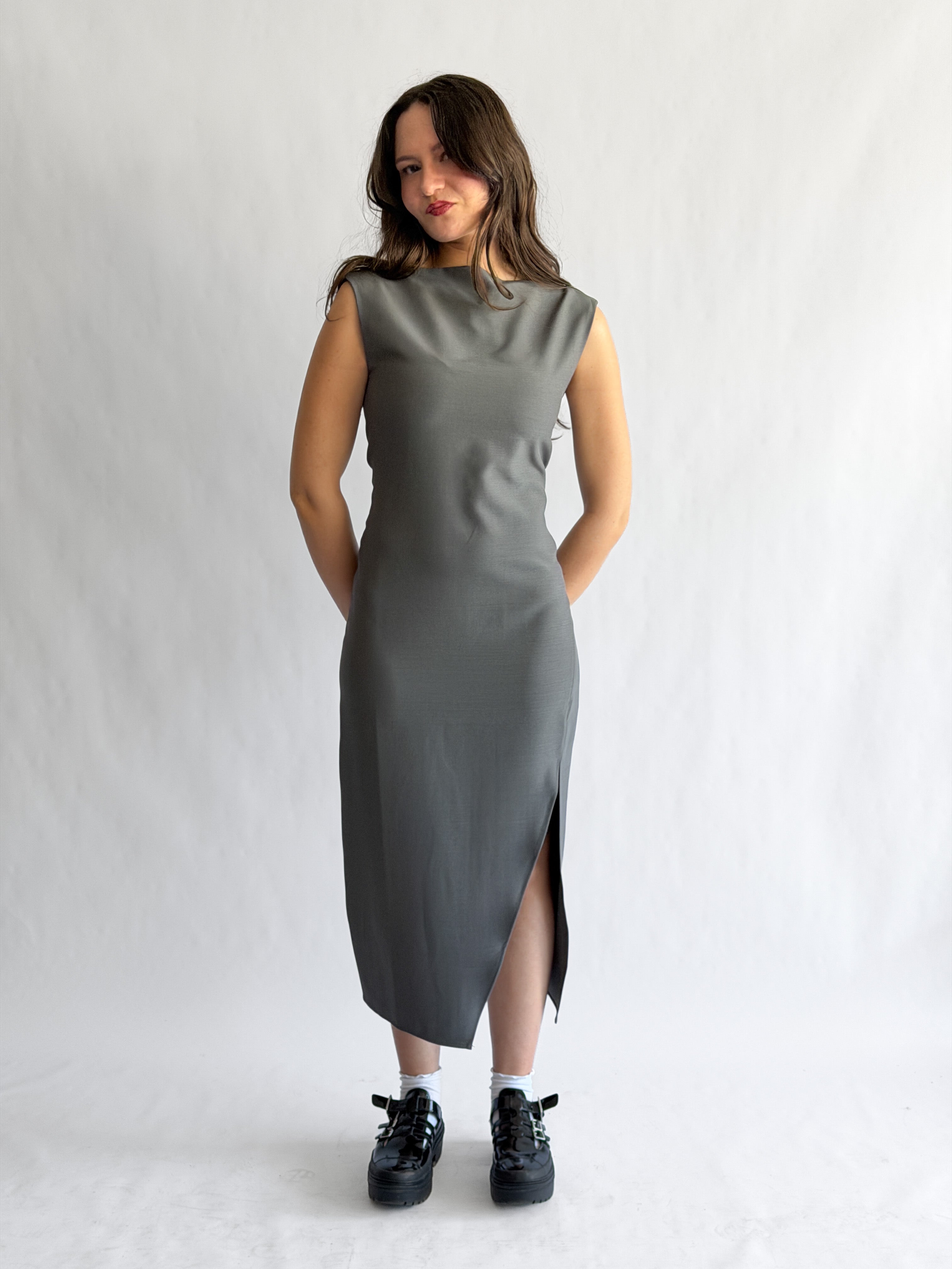 Nina Grey Tank Fitted Side Slit Midi Dress