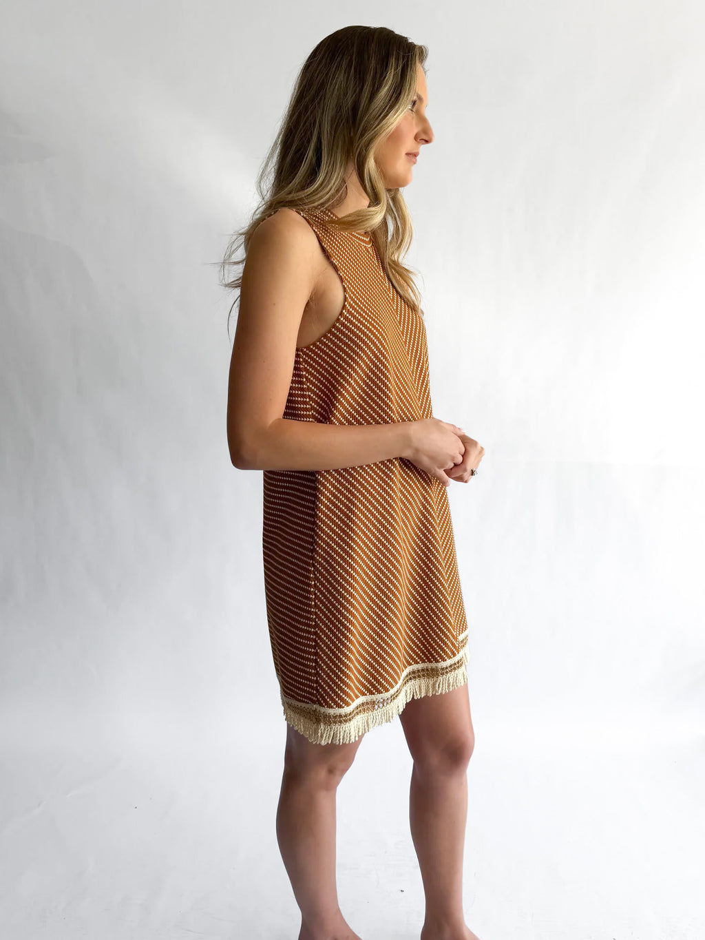 Maeve Rust Geometric Fringe Tank Mini Dress