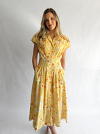 Melody Yellow Floral Pleat Buttoned Midi Dress