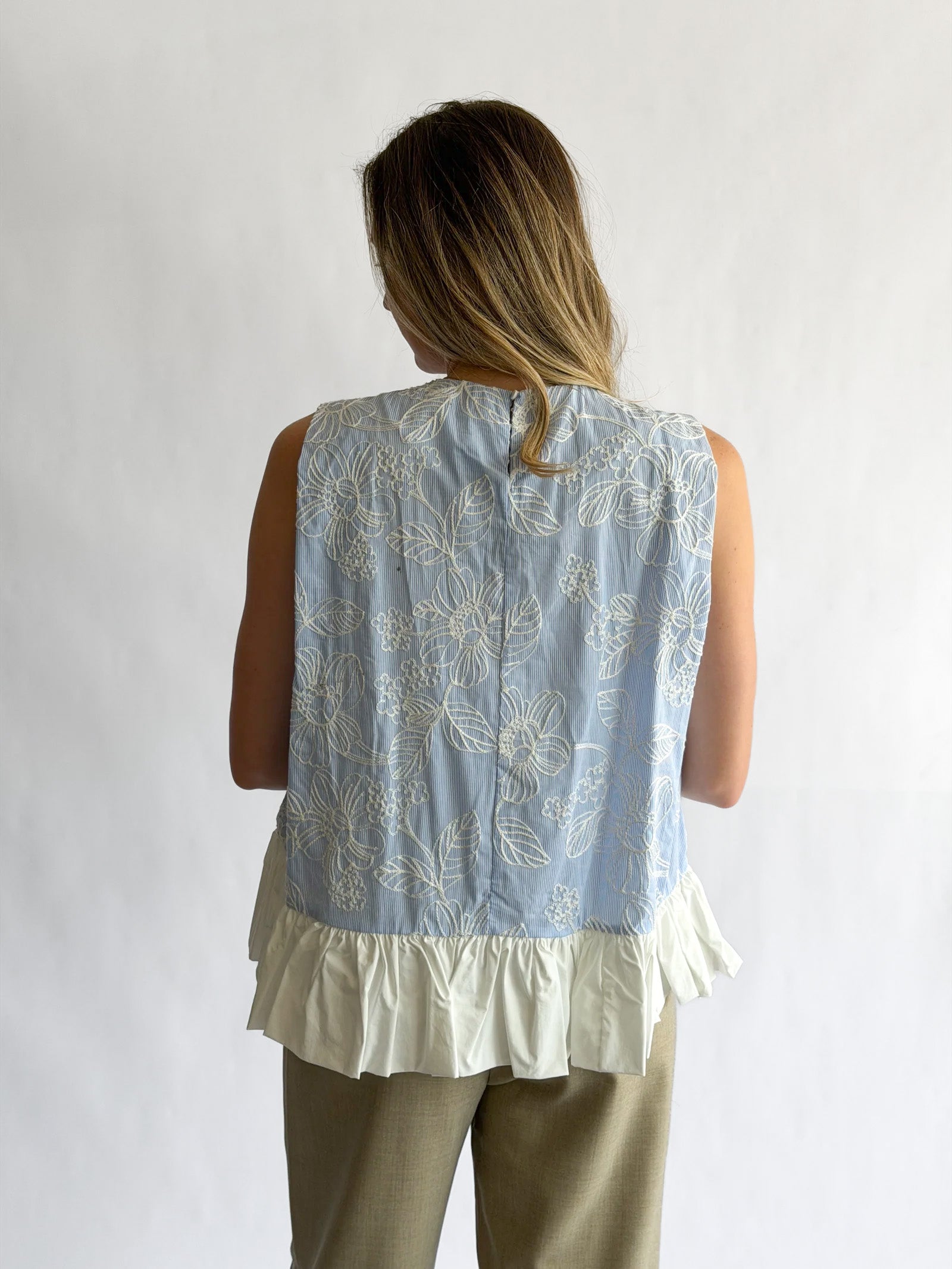 Madeline Blue Stripe Floral Embroidered Peplum Top