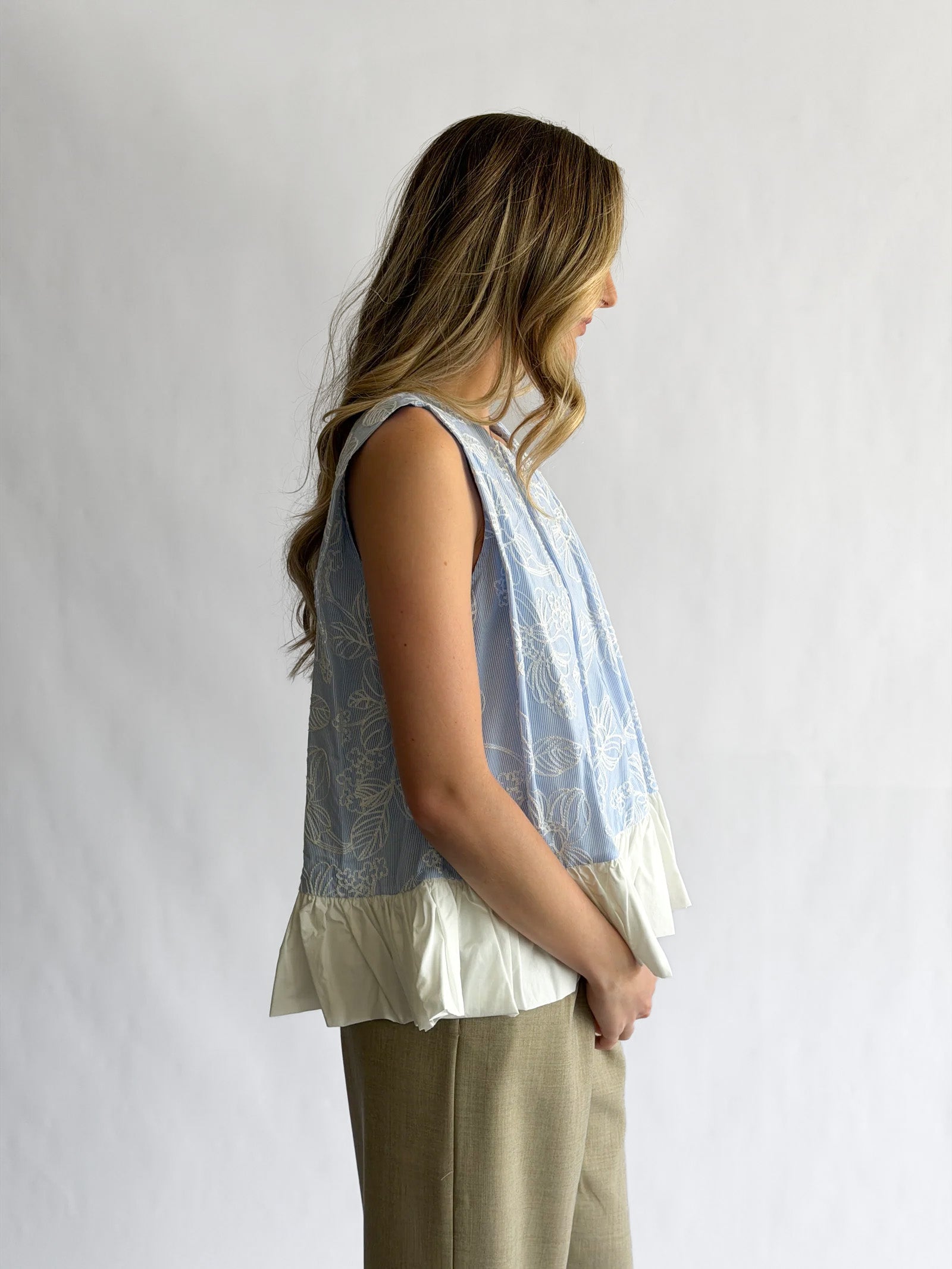 Madeline Blue Stripe Floral Embroidered Peplum Top