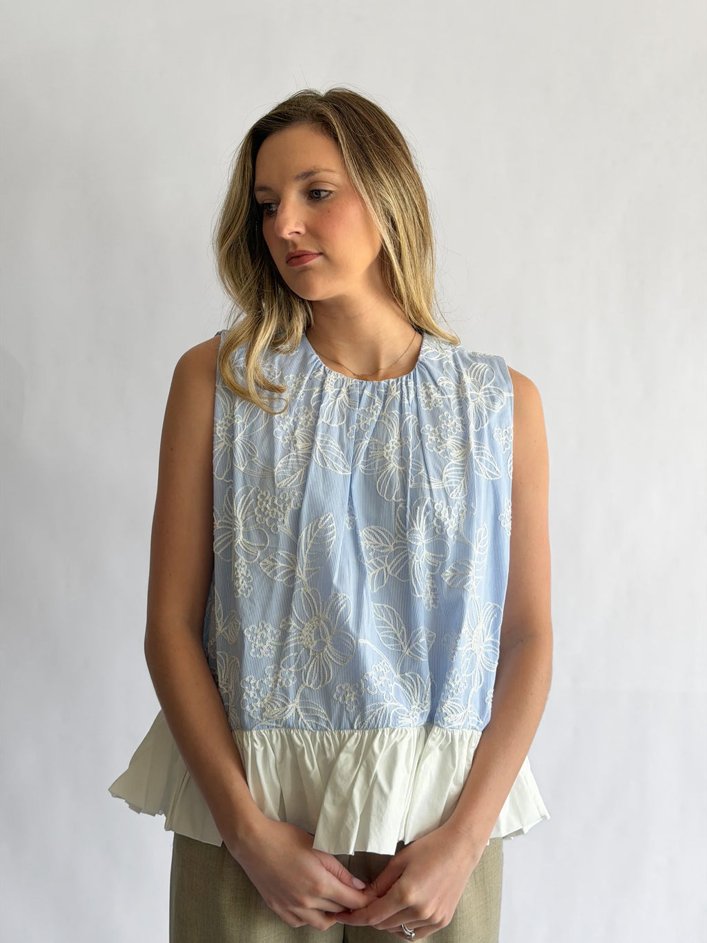 Madeline Blue Stripe Floral Embroidered Peplum Top