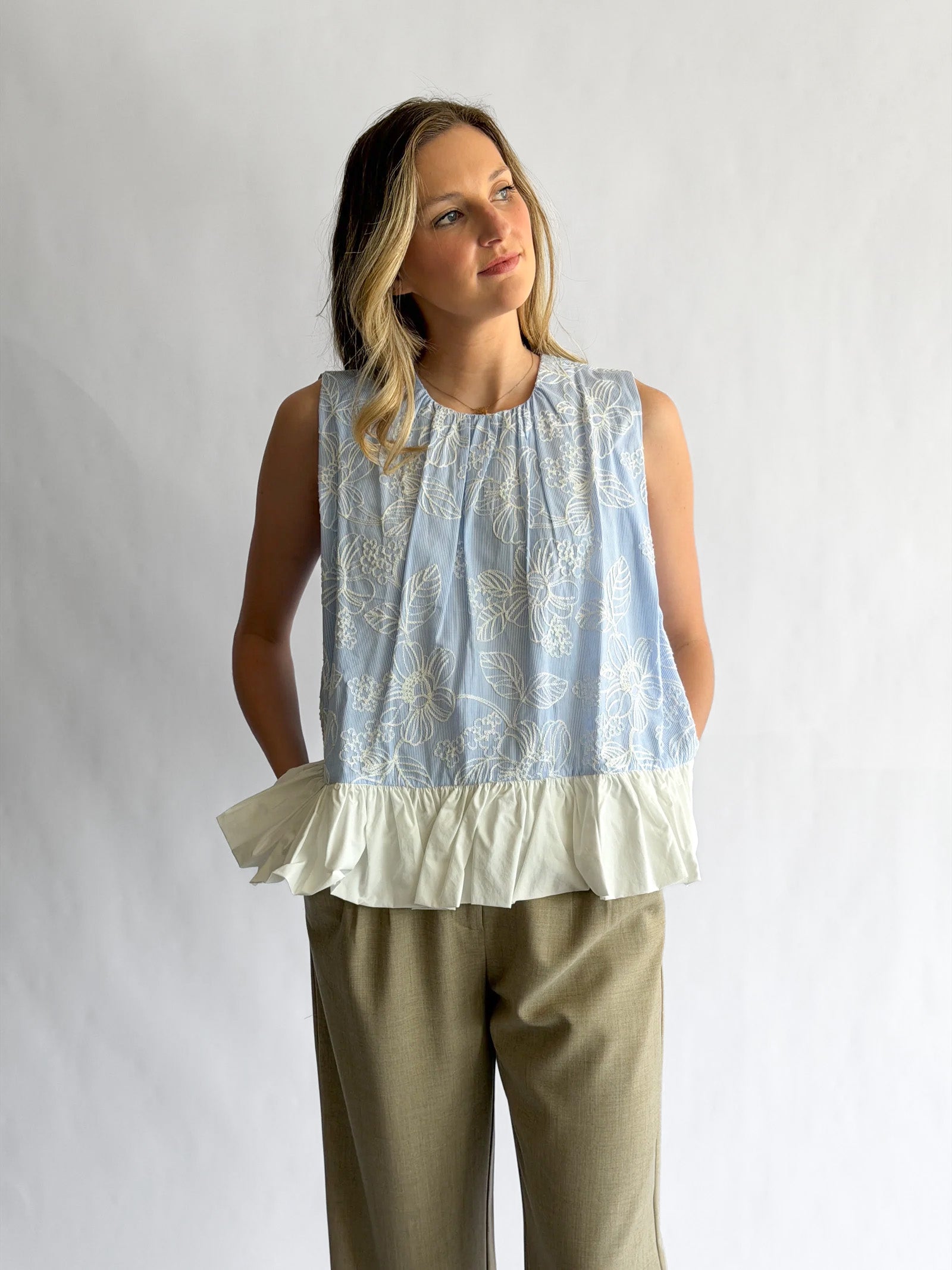 Madeline Blue Stripe Floral Embroidered Peplum Top