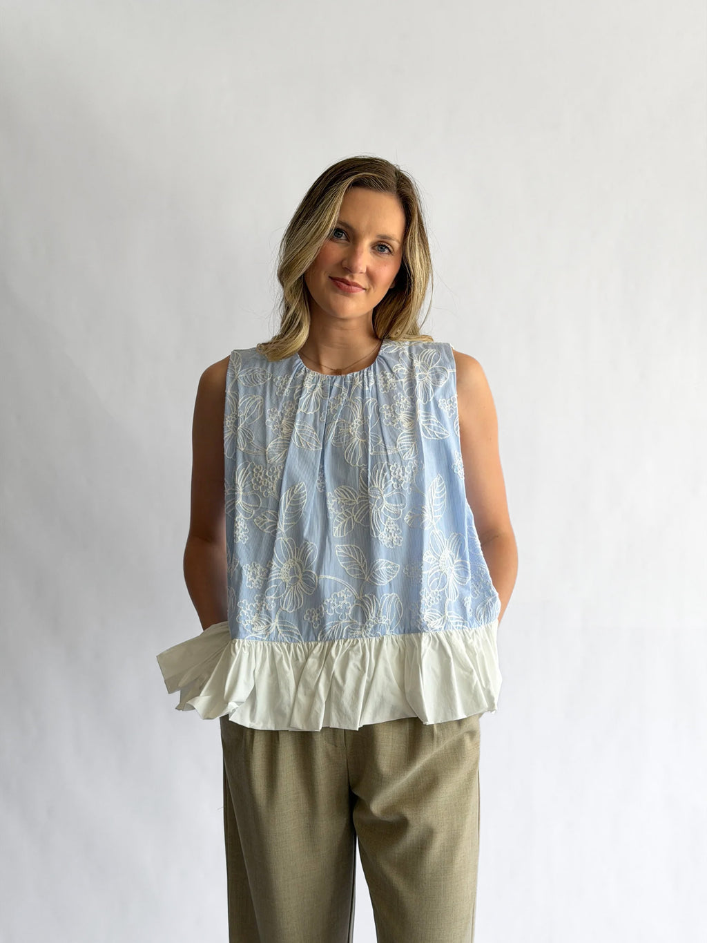 Madeline Blue Stripe Floral Embroidered Peplum Top