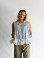 Madeline Blue Stripe Floral Embroidered Peplum Top