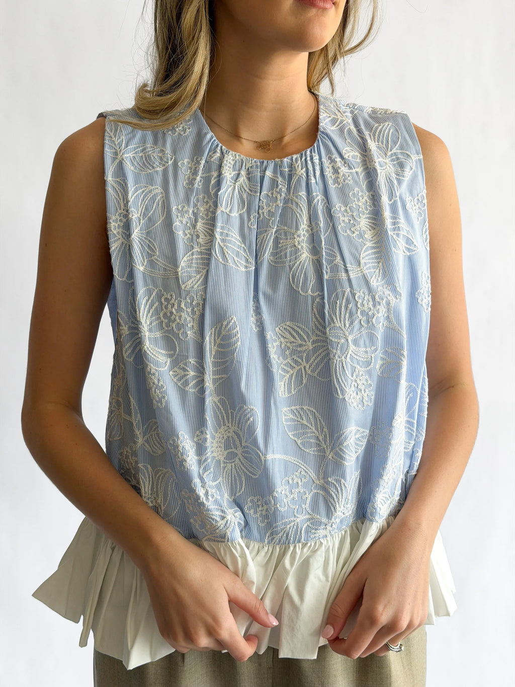 Madeline Blue Stripe Floral Embroidered Peplum Top